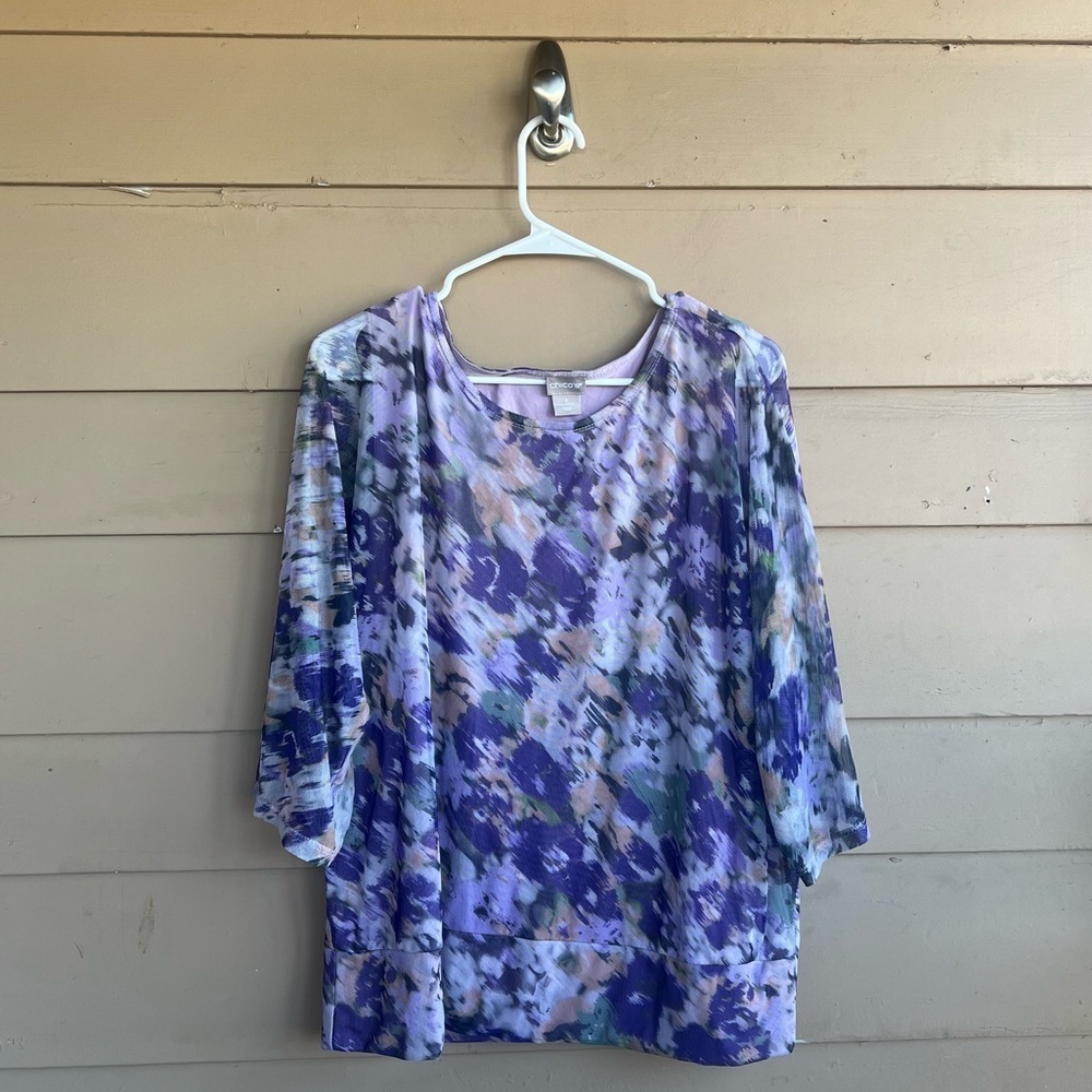 Chico's Purple Watercolor Floral Mesh Long Sleeve Top - Size XL Modest Casual